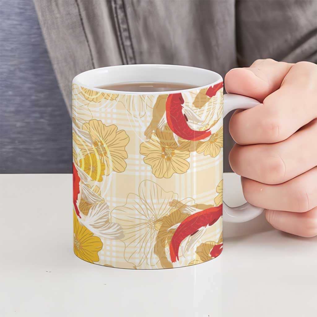 Beige Palaka Hawaii Aloha Ceramic Mug Koi Pond Mix Ilima Flowers - Polynesian Pride