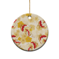 Beige Palaka Hawaii Aloha Ceramic Ornament Koi Pond Mix Ilima Flowers - Polynesian Pride