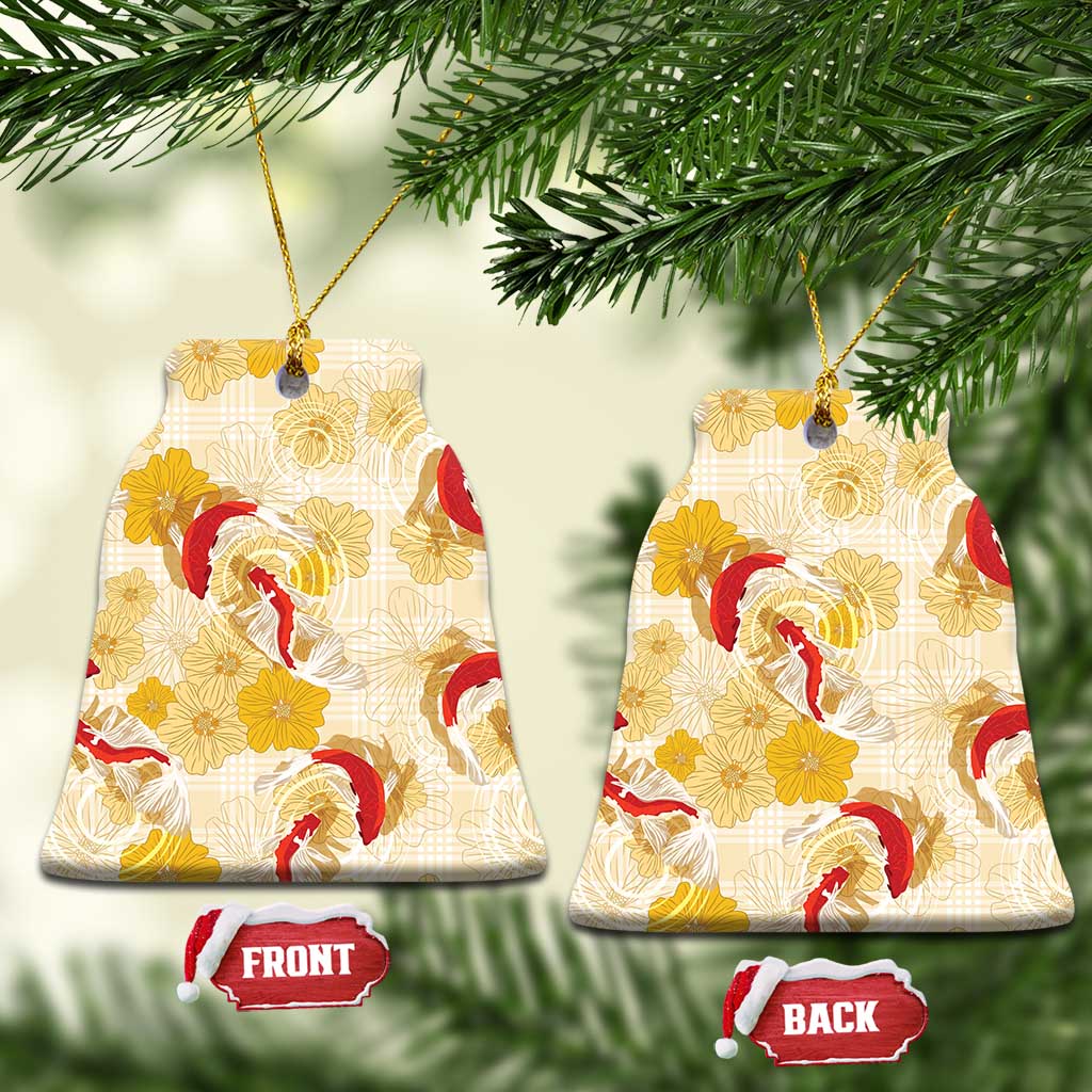 Beige Palaka Hawaii Aloha Ceramic Ornament Koi Pond Mix Ilima Flowers - Polynesian Pride