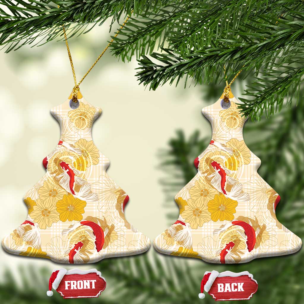 Beige Palaka Hawaii Aloha Ceramic Ornament Koi Pond Mix Ilima Flowers - Polynesian Pride