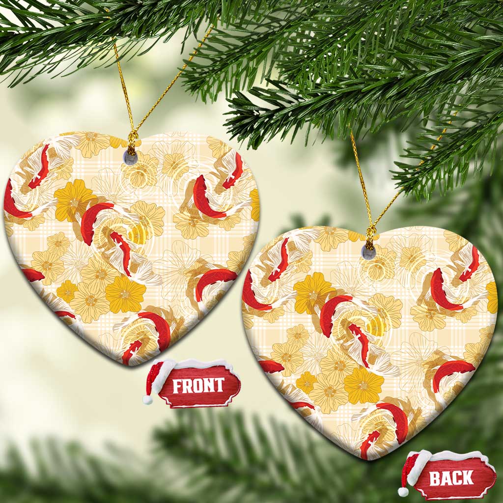 Beige Palaka Hawaii Aloha Ceramic Ornament Koi Pond Mix Ilima Flowers - Polynesian Pride