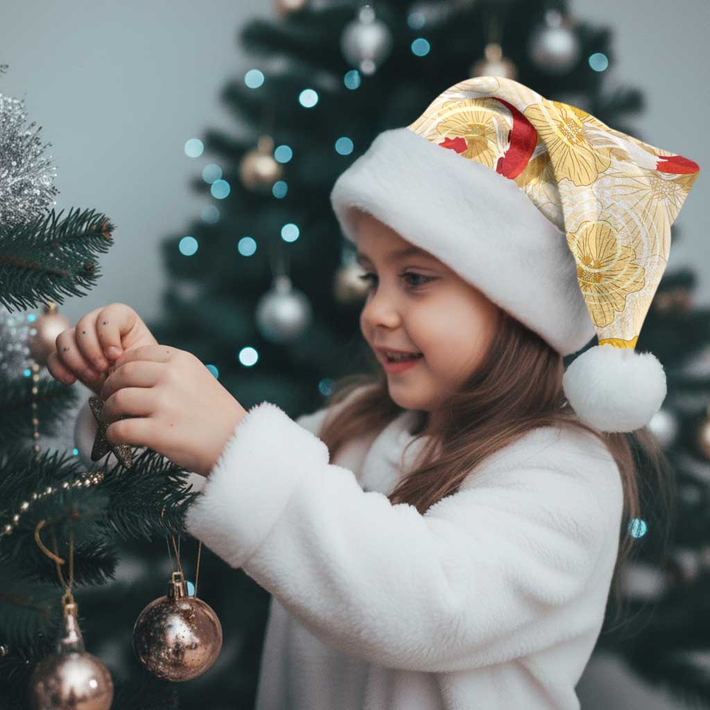 Beige Palaka Hawaii Aloha Christmas Santa Hat Koi Pond Mix Ilima Flowers - Polynesian Pride