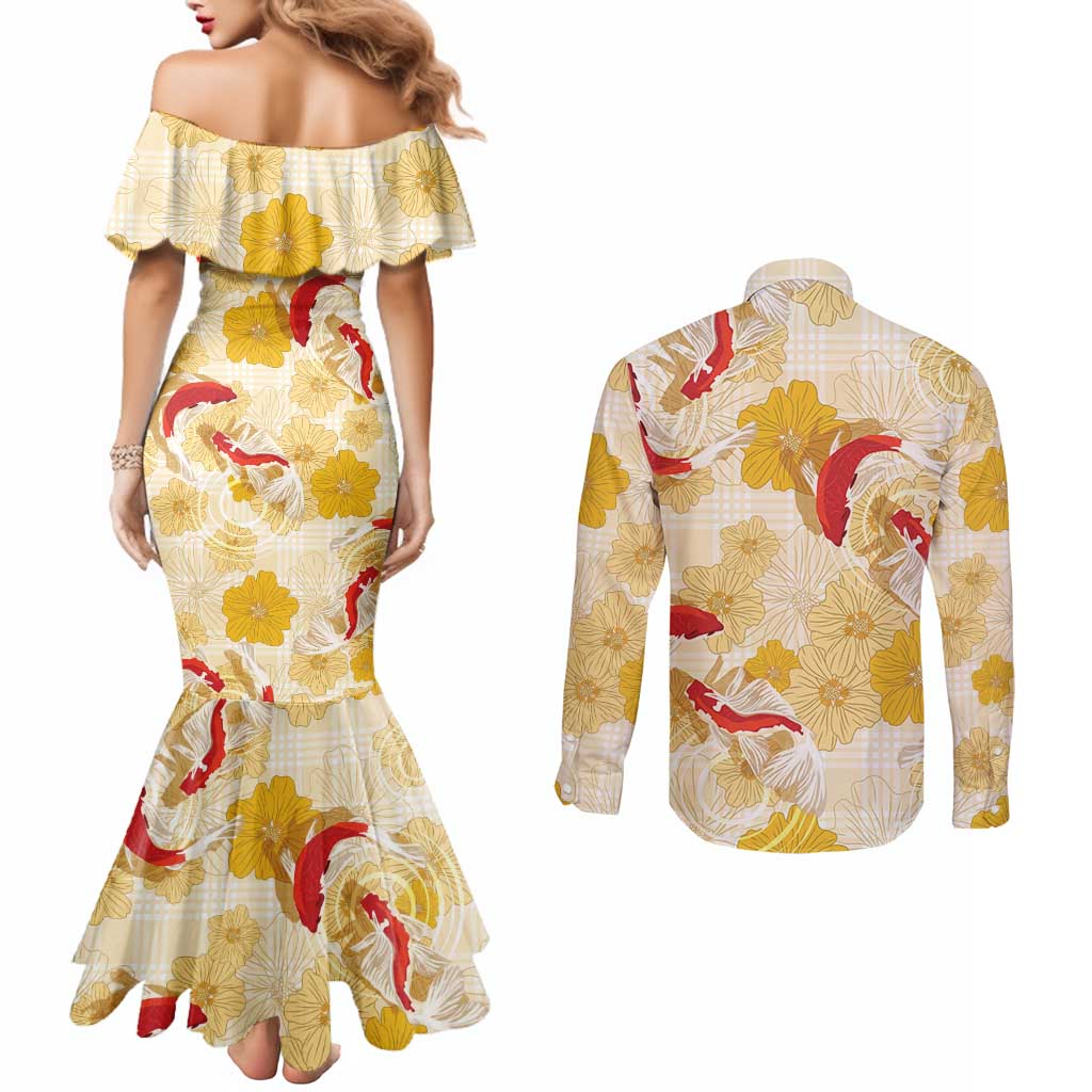 Beige Palaka Hawaii Aloha Couples Matching Mermaid Dress and Long Sleeve Button Shirt Koi Pond Mix Ilima Flowers - Polynesian Pride