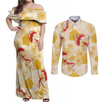 Beige Palaka Hawaii Aloha Couples Matching Off Shoulder Maxi Dress and Long Sleeve Button Shirt Koi Pond Mix Ilima Flowers - Polynesian Pride