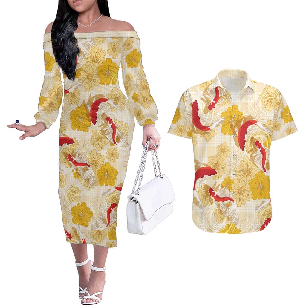 Beige Palaka Hawaii Aloha Couples Matching Off The Shoulder Long Sleeve Dress and Hawaiian Shirt Koi Pond Mix Ilima Flowers - Polynesian Pride