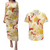 Beige Palaka Hawaii Aloha Couples Matching Puletasi and Hawaiian Shirt Koi Pond Mix Ilima Flowers - Polynesian Pride