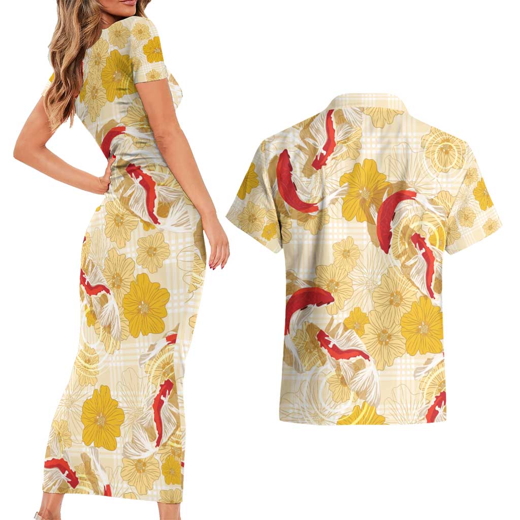 Beige Palaka Hawaii Aloha Couples Matching Short Sleeve Bodycon Dress and Hawaiian Shirt Koi Pond Mix Ilima Flowers - Polynesian Pride