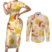 Beige Palaka Hawaii Aloha Couples Matching Short Sleeve Bodycon Dress and Long Sleeve Button Shirt Koi Pond Mix Ilima Flowers - Polynesian Pride