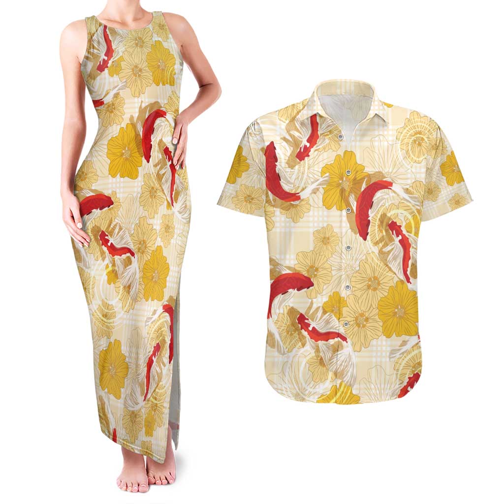 Beige Palaka Hawaii Aloha Couples Matching Tank Maxi Dress and Hawaiian Shirt Koi Pond Mix Ilima Flowers - Polynesian Pride