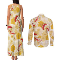 Beige Palaka Hawaii Aloha Couples Matching Tank Maxi Dress and Long Sleeve Button Shirt Koi Pond Mix Ilima Flowers - Polynesian Pride