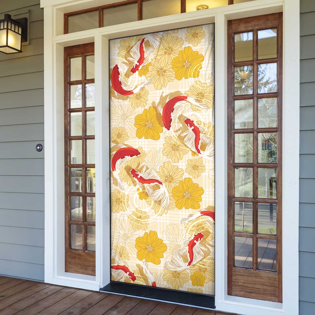 Beige Palaka Hawaii Aloha Door Cover Koi Pond Mix Ilima Flowers - Polynesian Pride