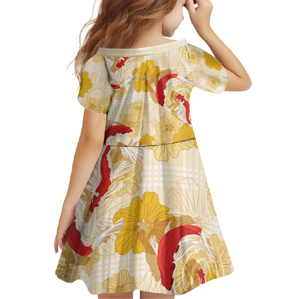 Beige Palaka Hawaii Aloha Family Matching Mermaid Dress and Hawaiian Shirt Koi Pond Mix Ilima Flowers - Polynesian Pride