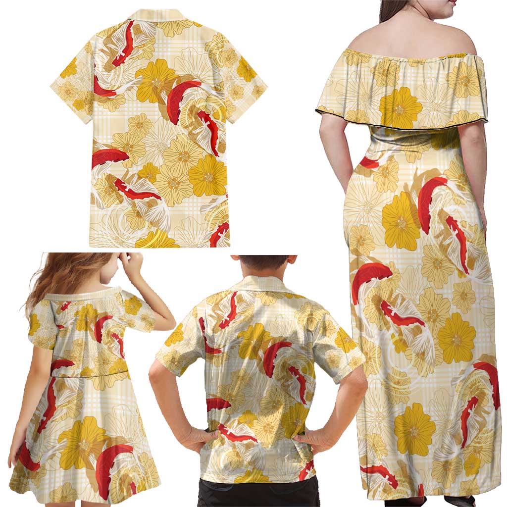 Beige Palaka Hawaii Aloha Family Matching Off Shoulder Maxi Dress and Hawaiian Shirt Koi Pond Mix Ilima Flowers - Polynesian Pride