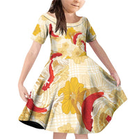 Beige Palaka Hawaii Aloha Family Matching Off Shoulder Short Dress and Hawaiian Shirt Koi Pond Mix Ilima Flowers - Polynesian Pride