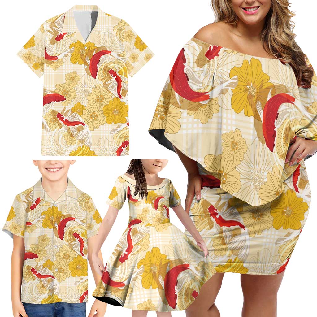 Beige Palaka Hawaii Aloha Family Matching Off Shoulder Short Dress and Hawaiian Shirt Koi Pond Mix Ilima Flowers - Polynesian Pride