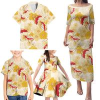 Beige Palaka Hawaii Aloha Family Matching Puletasi and Hawaiian Shirt Koi Pond Mix Ilima Flowers - Polynesian Pride