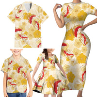 Beige Palaka Hawaii Aloha Family Matching Short Sleeve Bodycon Dress and Hawaiian Shirt Koi Pond Mix Ilima Flowers - Polynesian Pride