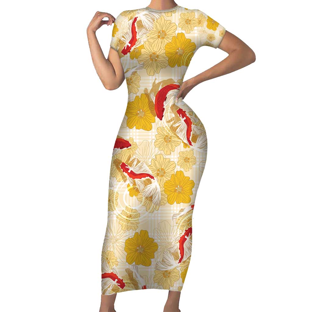 Beige Palaka Hawaii Aloha Family Matching Short Sleeve Bodycon Dress and Hawaiian Shirt Koi Pond Mix Ilima Flowers - Polynesian Pride