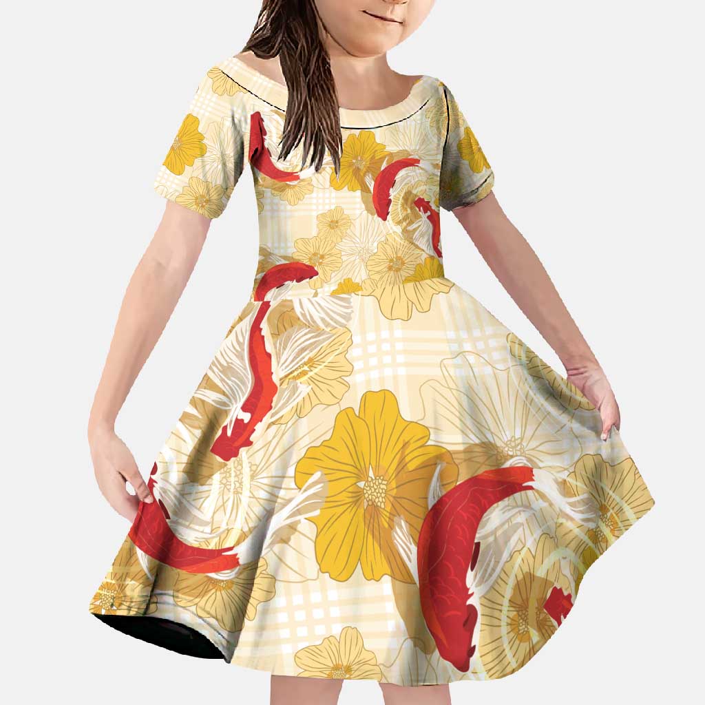 Beige Palaka Hawaii Aloha Family Matching Summer Maxi Dress and Hawaiian Shirt Koi Pond Mix Ilima Flowers - Polynesian Pride