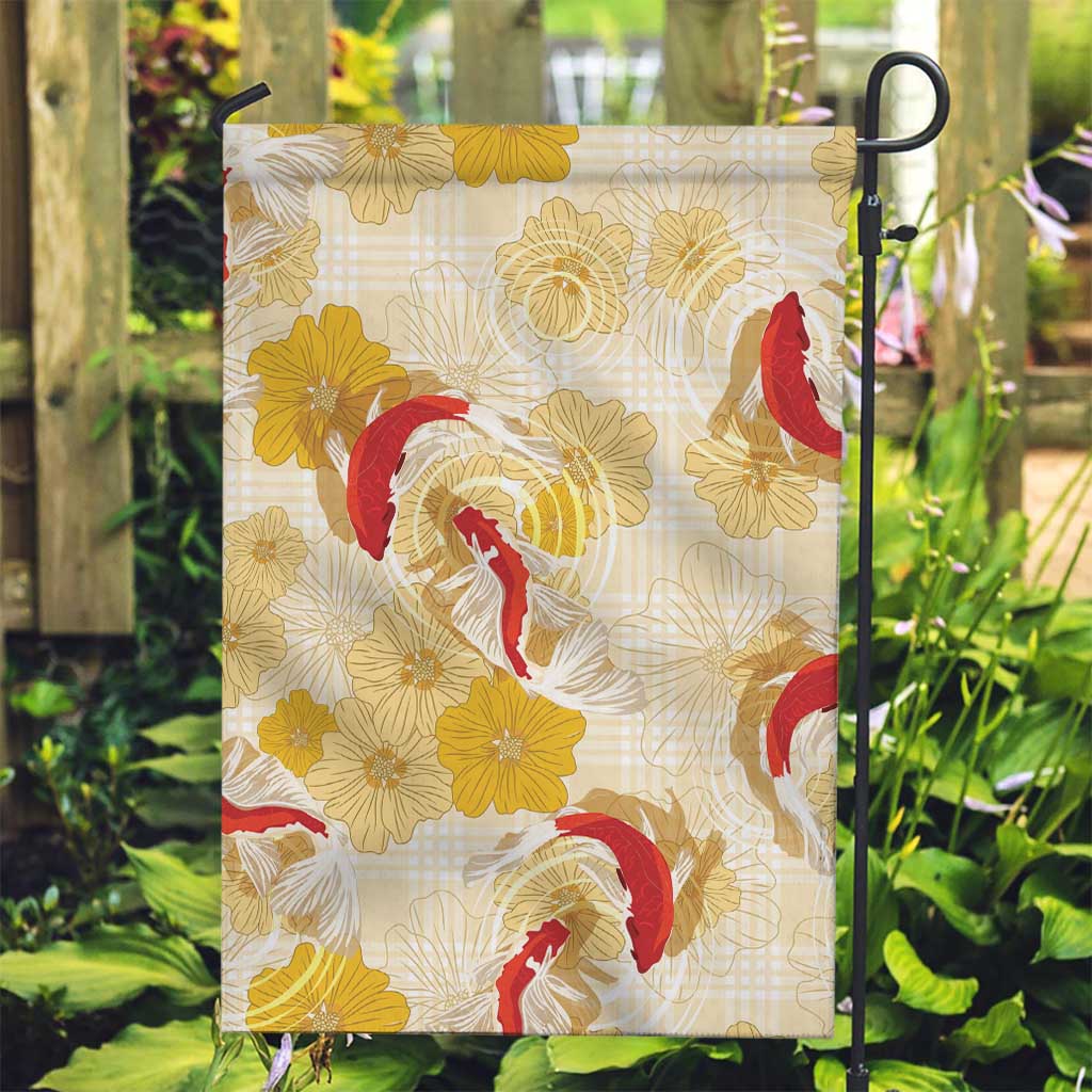 Beige Palaka Hawaii Aloha Garden Flag Koi Pond Mix Ilima Flowers - Polynesian Pride