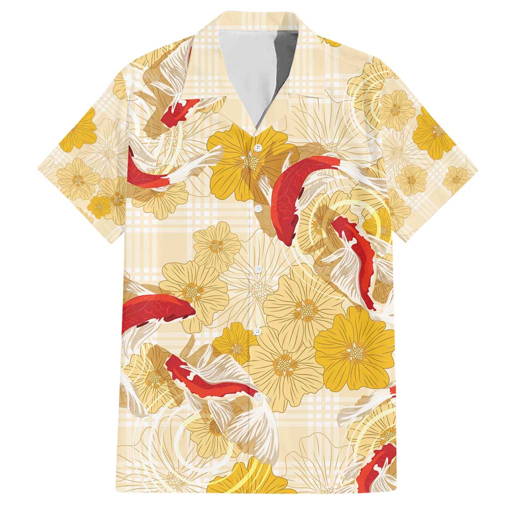 Beige Palaka Hawaii Aloha Hawaiian Shirt Koi Pond Mix Ilima Flowers - Polynesian Pride