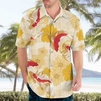 Beige Palaka Hawaii Aloha Hawaiian Shirt Koi Pond Mix Ilima Flowers - Polynesian Pride
