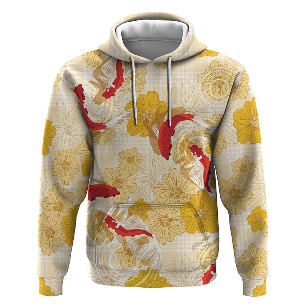 Beige Palaka Hawaii Aloha Hoodie Koi Pond Mix Ilima Flowers - Polynesian Pride