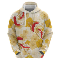 Beige Palaka Hawaii Aloha Hoodie Koi Pond Mix Ilima Flowers - Polynesian Pride