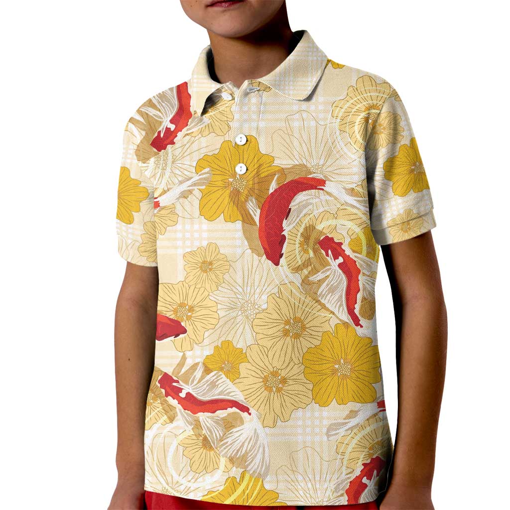 Beige Palaka Hawaii Aloha Kid Polo Shirt Koi Pond Mix Ilima Flowers - Polynesian Pride