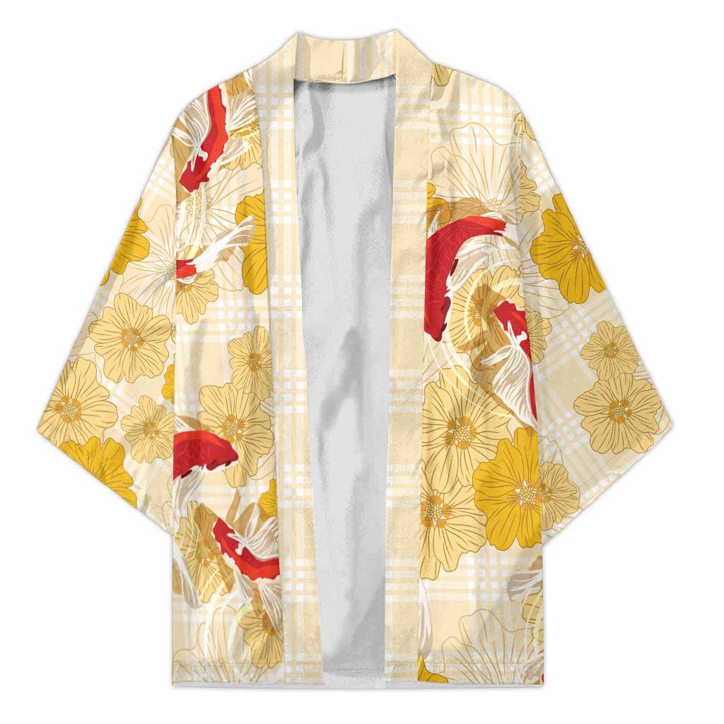 Beige Palaka Hawaii Aloha Kimono Koi Pond Mix Ilima Flowers - Polynesian Pride