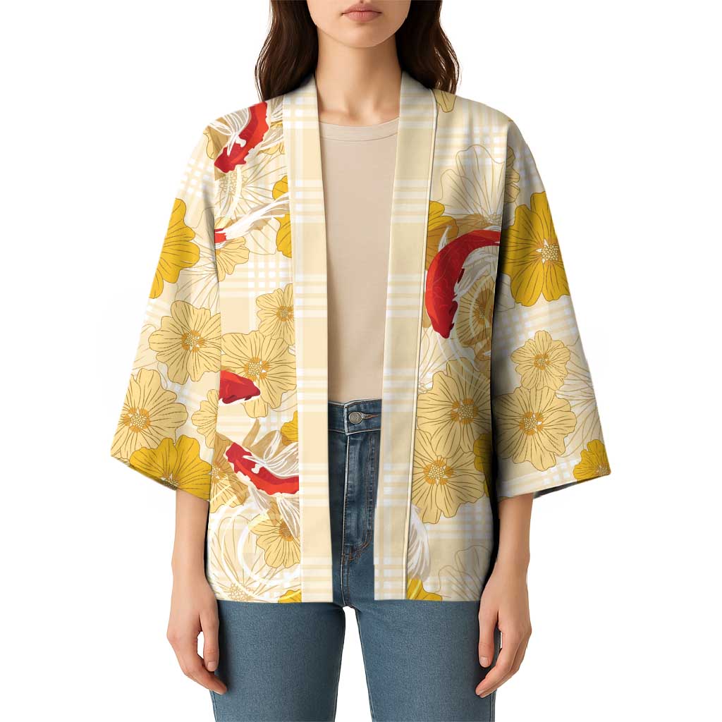 Beige Palaka Hawaii Aloha Kimono Koi Pond Mix Ilima Flowers - Polynesian Pride