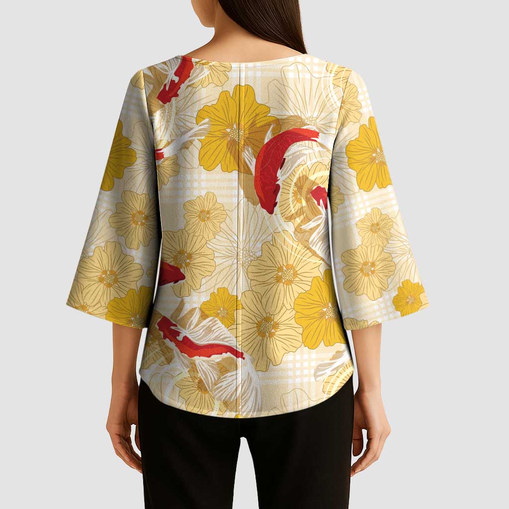 Beige Palaka Hawaii Aloha Kimono Sleeve Blouse Koi Pond Mix Ilima Flowers - Polynesian Pride