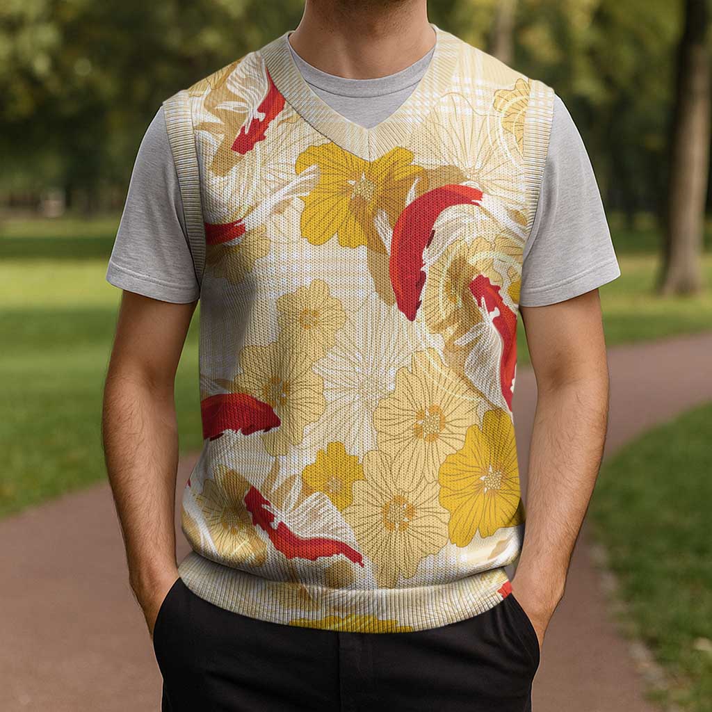 Beige Palaka Hawaii Aloha Christmas Knitted V-Neck Vest Koi Pond Mix Ilima Flowers - Polynesian Pride