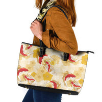 Beige Palaka Hawaii Aloha Leather Tote Bag Koi Pond Mix Ilima Flowers - Polynesian Pride