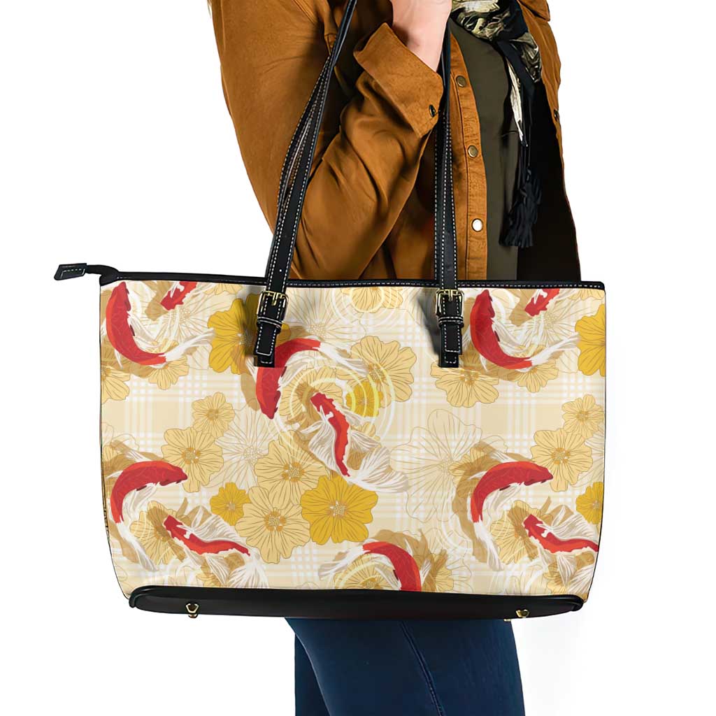 Beige Palaka Hawaii Aloha Leather Tote Bag Koi Pond Mix Ilima Flowers - Polynesian Pride