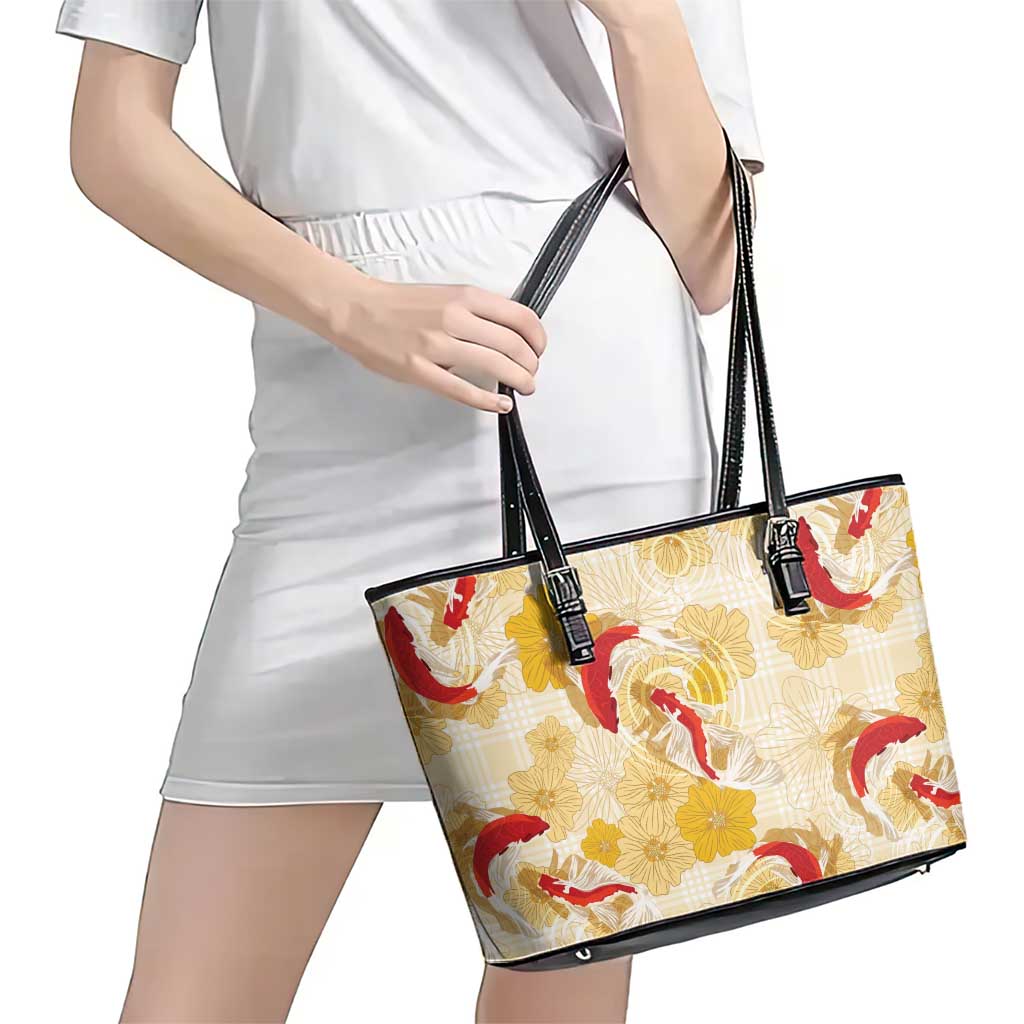 Beige Palaka Hawaii Aloha Leather Tote Bag Koi Pond Mix Ilima Flowers - Polynesian Pride