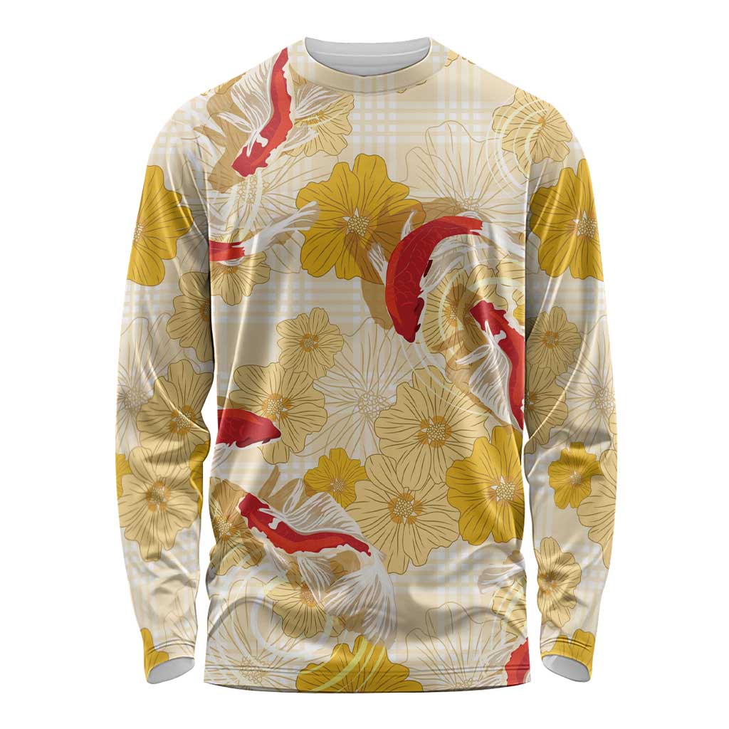 Beige Palaka Hawaii Aloha Long Sleeve Shirt Koi Pond Mix Ilima Flowers - Polynesian Pride