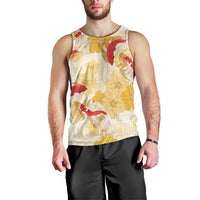 Beige Palaka Hawaii Aloha Men Tank Top Koi Pond Mix Ilima Flowers - Polynesian Pride