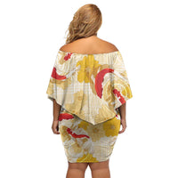 Beige Palaka Hawaii Aloha Off Shoulder Short Dress Koi Pond Mix Ilima Flowers - Polynesian Pride