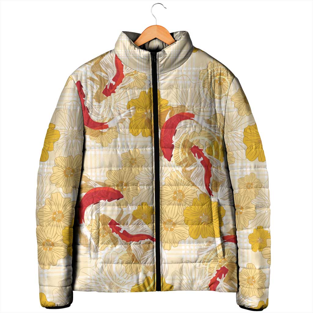 Beige Palaka Hawaii Aloha Padded Jacket Koi Pond Mix Ilima Flowers - Polynesian Pride