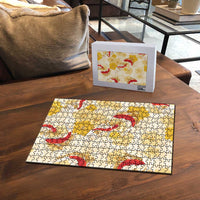 Beige Palaka Hawaii Aloha Puzzle Koi Pond Mix Ilima Flowers - Polynesian Pride