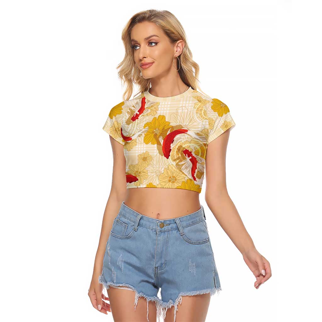 Beige Palaka Hawaii Aloha Raglan Cropped T Shirt Koi Pond Mix Ilima Flowers - Polynesian Pride