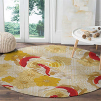 Beige Palaka Hawaii Aloha Round Carpet Koi Pond Mix Ilima Flowers - Polynesian Pride