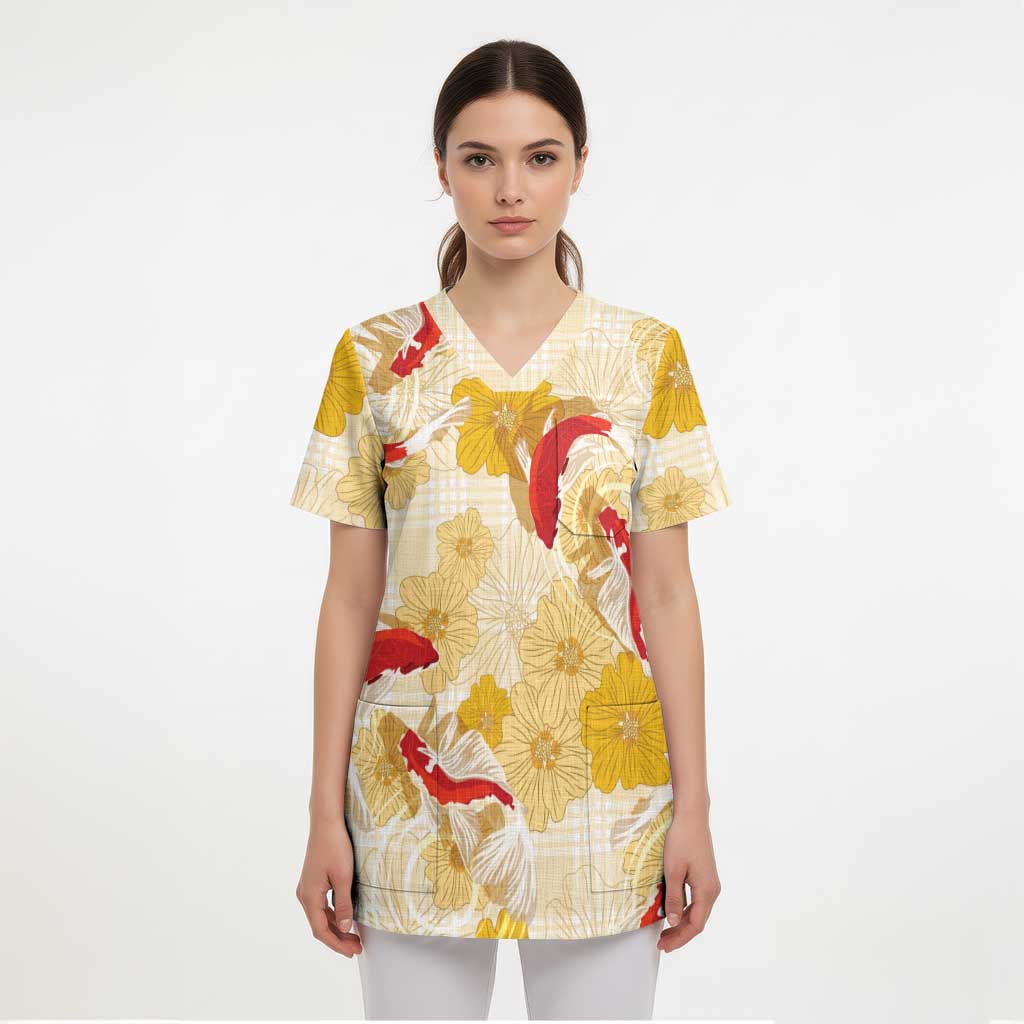 Beige Palaka Hawaii Aloha Scrub Top Koi Pond Mix Ilima Flowers - Polynesian Pride