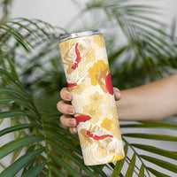 Beige Palaka Hawaii Aloha Skinny Tumbler Koi Pond Mix Ilima Flowers - Polynesian Pride