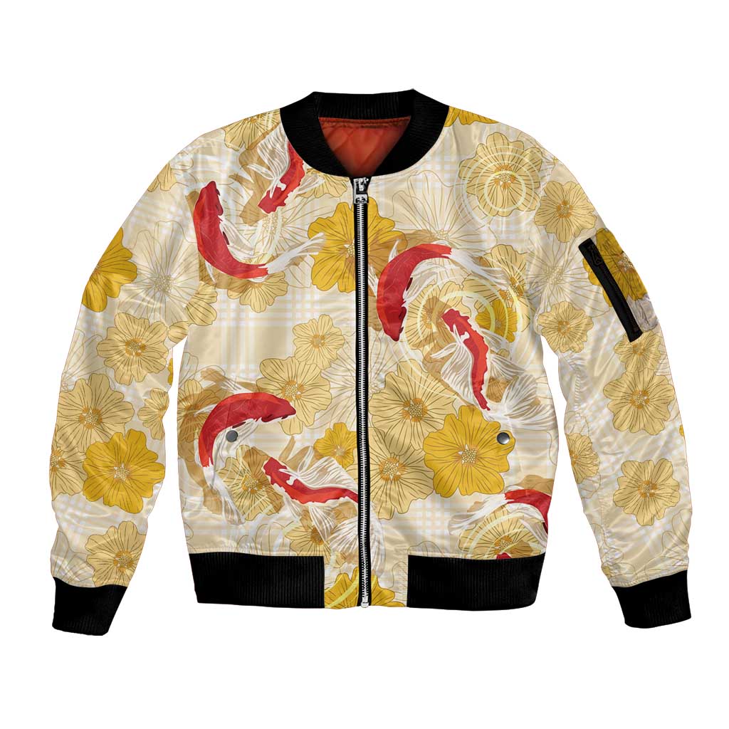 Beige Palaka Hawaii Aloha Sleeve Zip Bomber Jacket Koi Pond Mix Ilima Flowers - Polynesian Pride