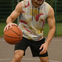 Beige Palaka Hawaii Aloha Sleeveless Hoodie Koi Pond Mix Ilima Flowers - Polynesian Pride