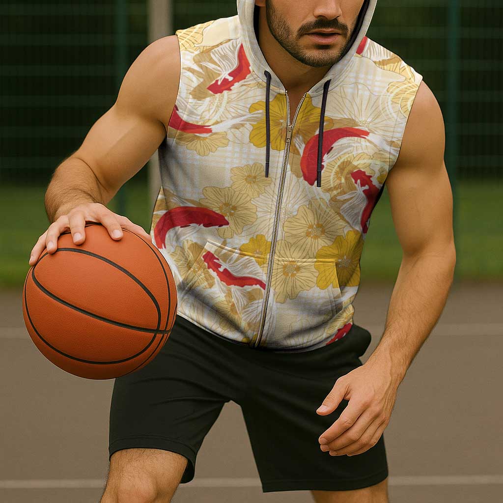 Beige Palaka Hawaii Aloha Sleeveless Zip Hoodie Koi Pond Mix Ilima Flowers - Polynesian Pride