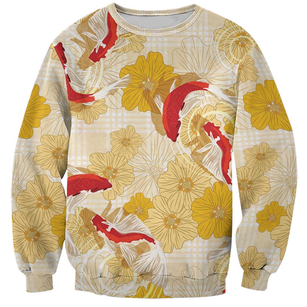 Beige Palaka Hawaii Aloha Sweatshirt Koi Pond Mix Ilima Flowers - Polynesian Pride