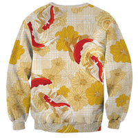 Beige Palaka Hawaii Aloha Sweatshirt Koi Pond Mix Ilima Flowers - Polynesian Pride